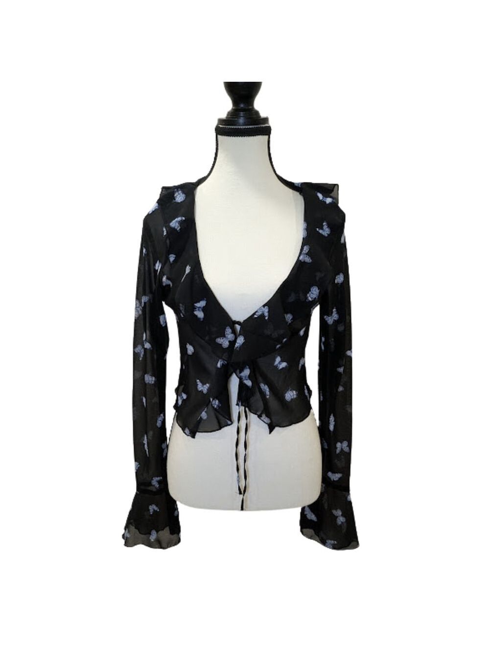 H&M Black Sheer Butterfly Print Tie-Front Crop Top